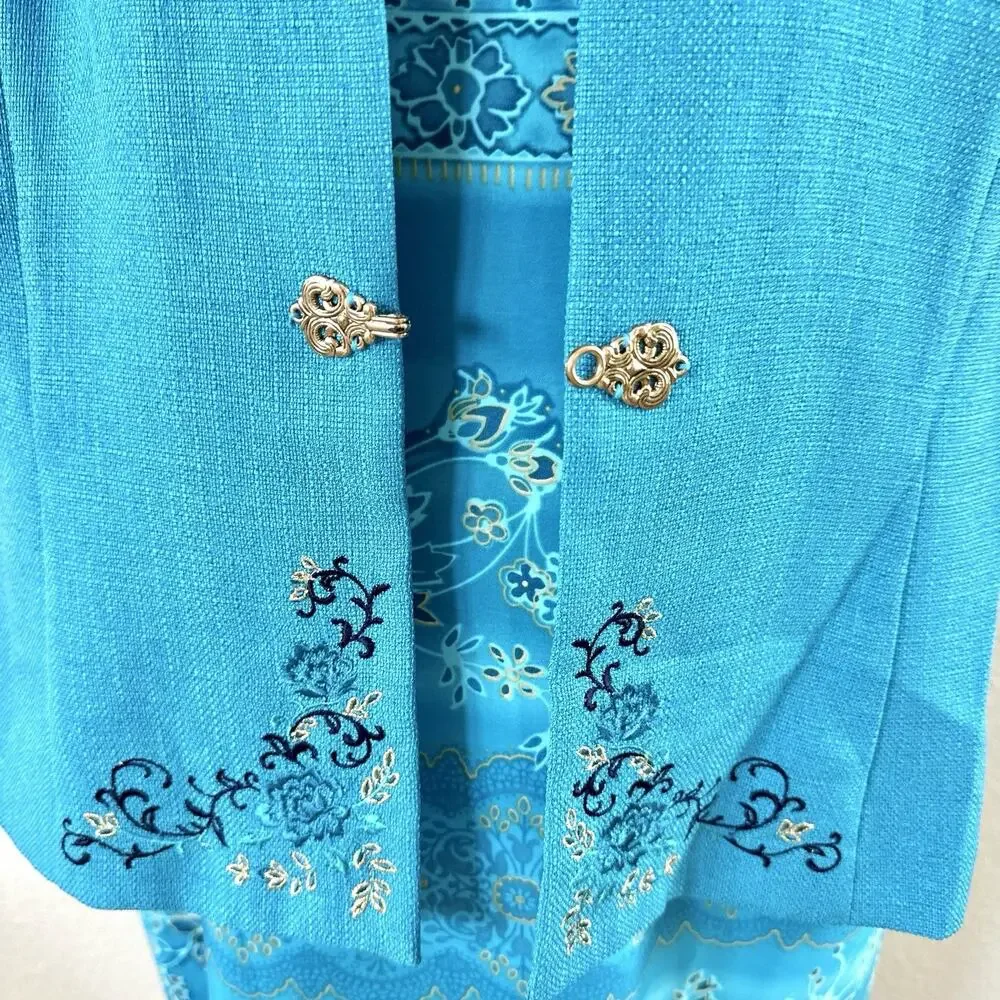 Koret Dress Turquoise Floral Maxi Dress Jacket Set Embroidered 2 Piece Womens 16